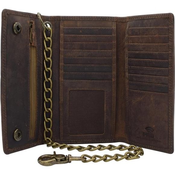 Men's RFID Signal Blocking Biker's Vintage Brown Leather Long Tri-fold Chain
